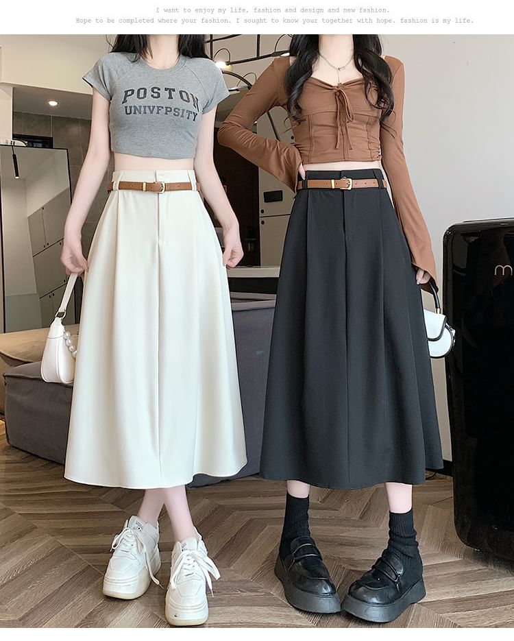 Belt Plain + High A-Line Midi Skirt Rise Set: