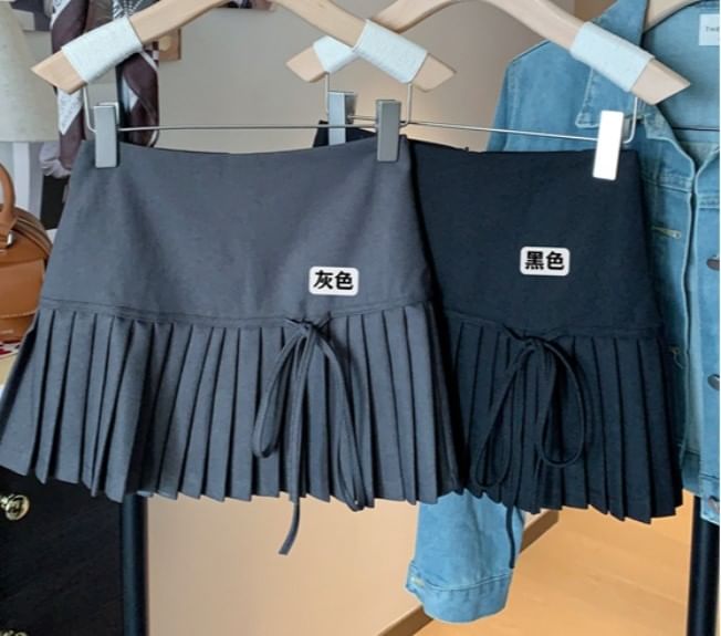 Mini Skirt High Pleated A-Line Plain Accent Bow Waist
