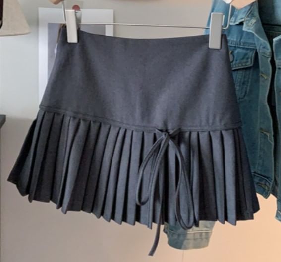 Mini Skirt High Pleated A-Line Plain Accent Bow Waist