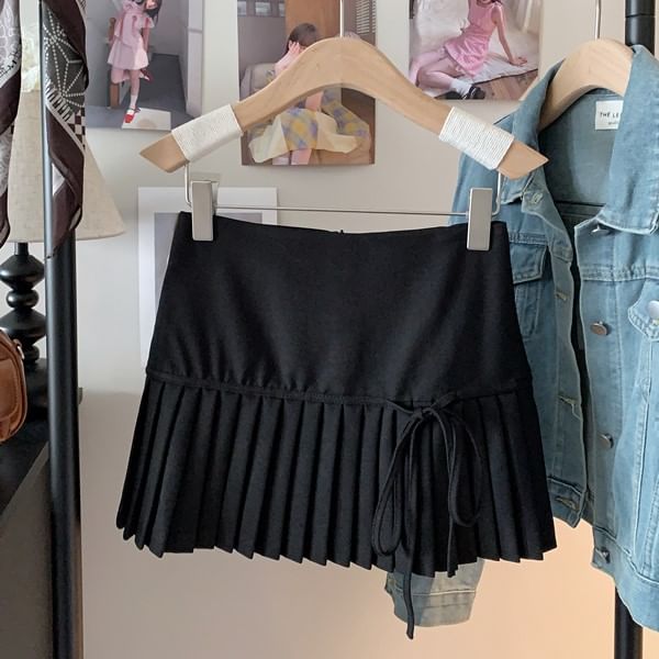 Mini Skirt High Pleated A-Line Plain Accent Bow Waist