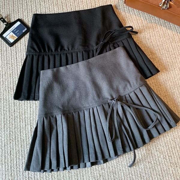Mini Skirt High Pleated A-Line Plain Accent Bow Waist