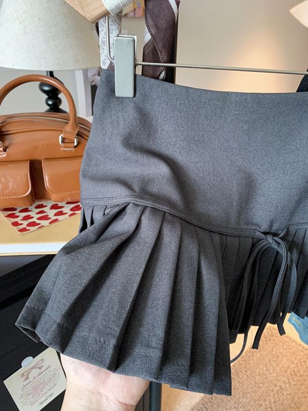 Mini Skirt High Pleated A-Line Plain Accent Bow Waist