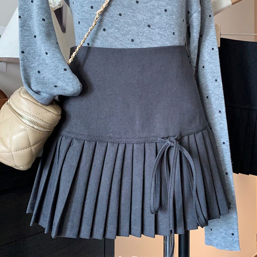 Mini Skirt High Pleated A-Line Plain Accent Bow Waist