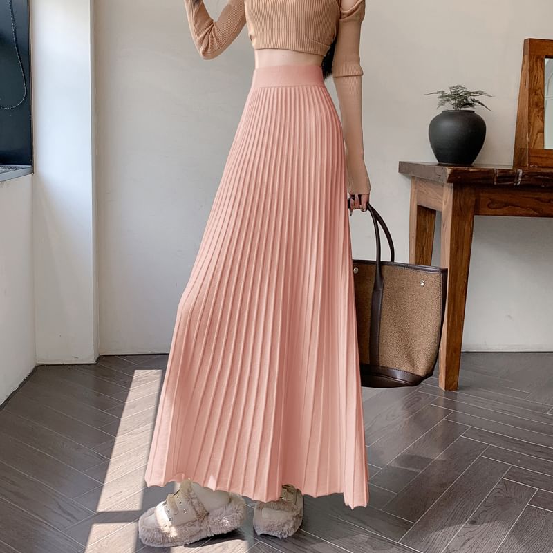 Skirt Plain Maxi High Knit A-Line Rise