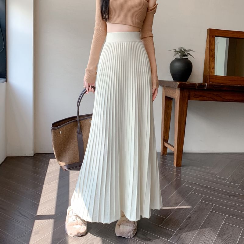 Skirt Plain Maxi High Knit A-Line Rise