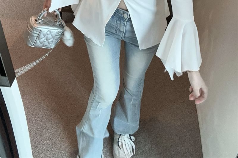 Slit Slim Long-Sleeve V-Neck Fit T-Shirt Plain