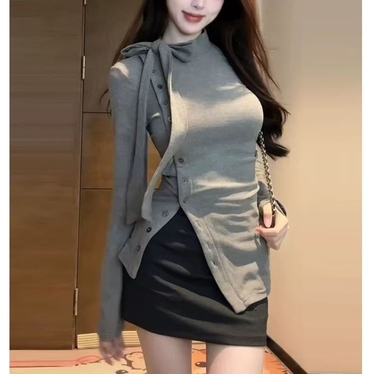 Plain Stand Asymmetrical Button-Up T-Shirt Collar Long-Sleeve