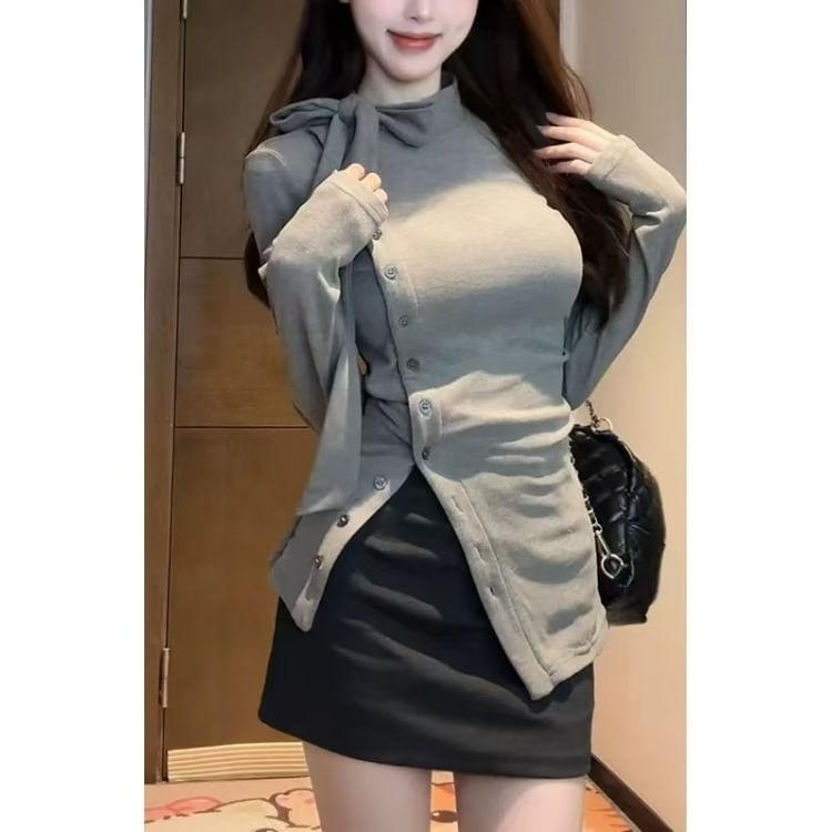 Plain Stand Asymmetrical Button-Up T-Shirt Collar Long-Sleeve