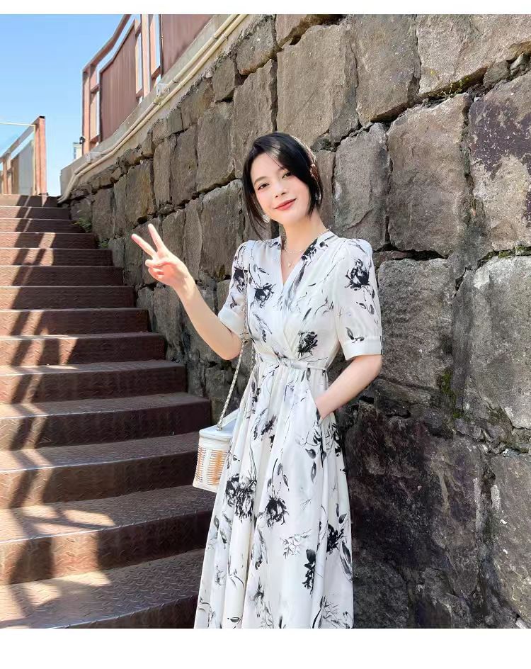 Print A-Line Midi Elbow-Sleeve Dress V-Neck Floral