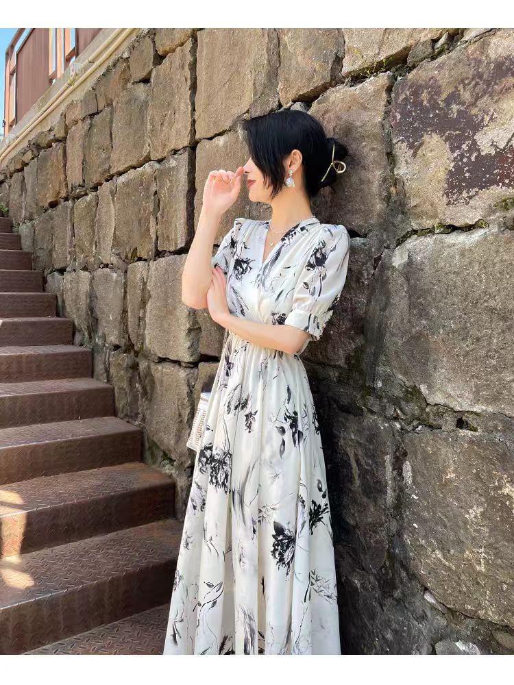 Print A-Line Midi Elbow-Sleeve Dress V-Neck Floral