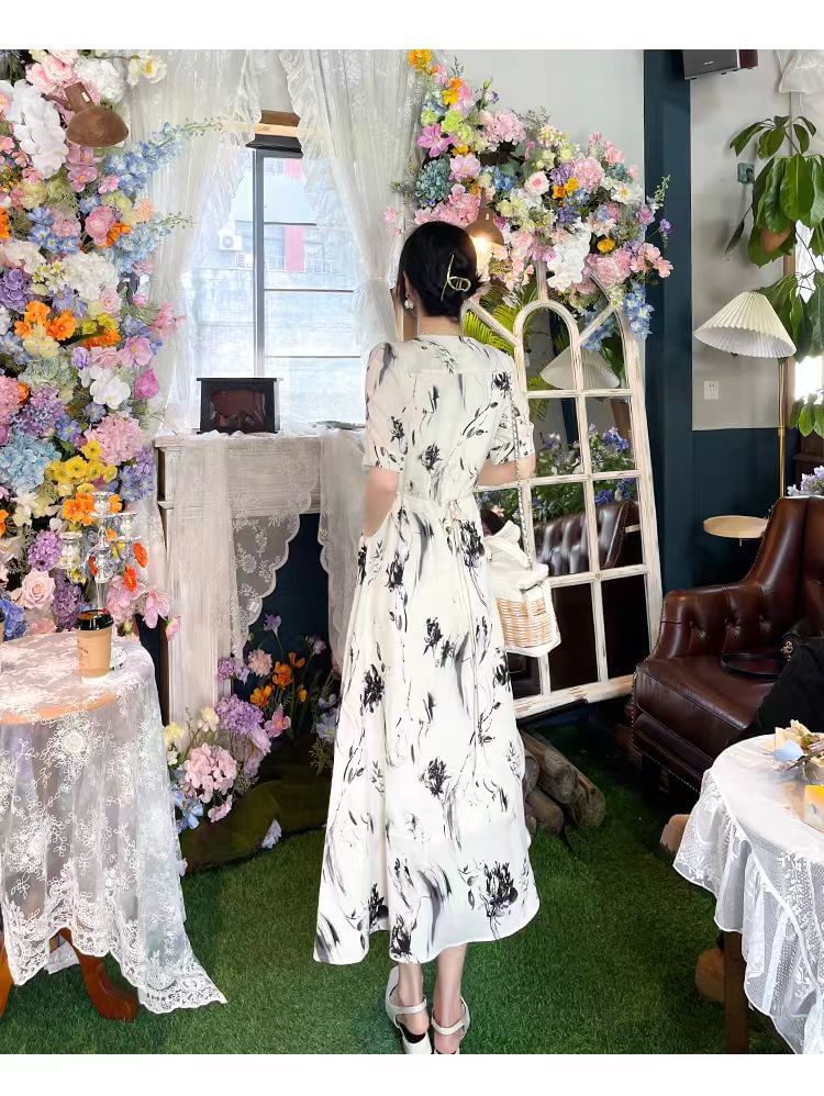 Print A-Line Midi Elbow-Sleeve Dress V-Neck Floral