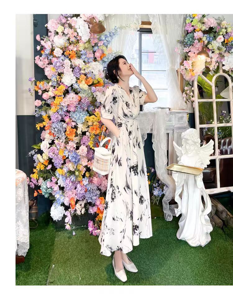 Print A-Line Midi Elbow-Sleeve Dress V-Neck Floral