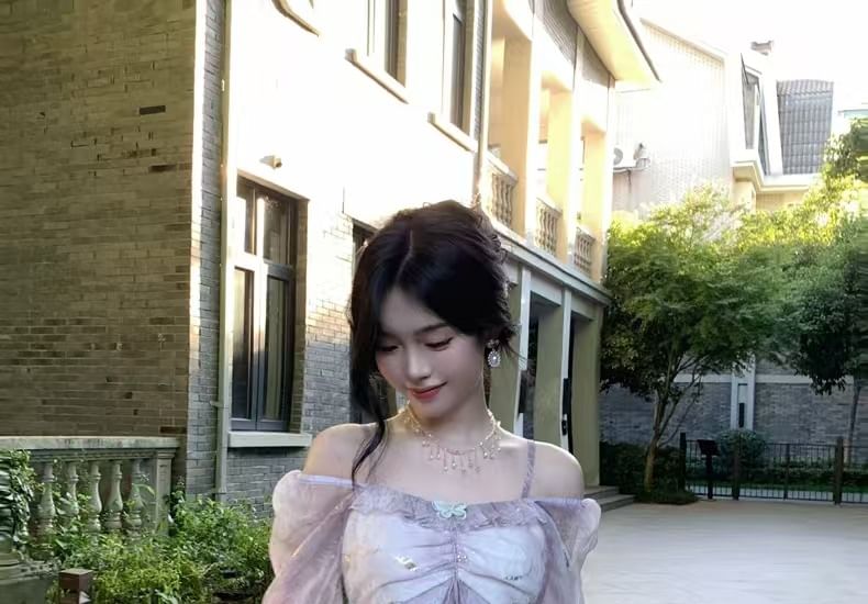 Trim A-Line Dress Accent Maxi Tie Long-Sleeve Ruffle Butterfly Shoulder Cold Dye