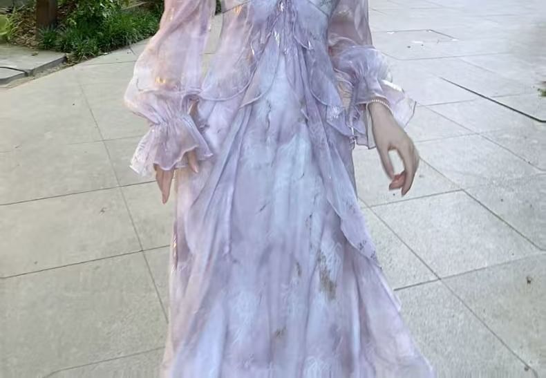 Trim A-Line Dress Accent Maxi Tie Long-Sleeve Ruffle Butterfly Shoulder Cold Dye