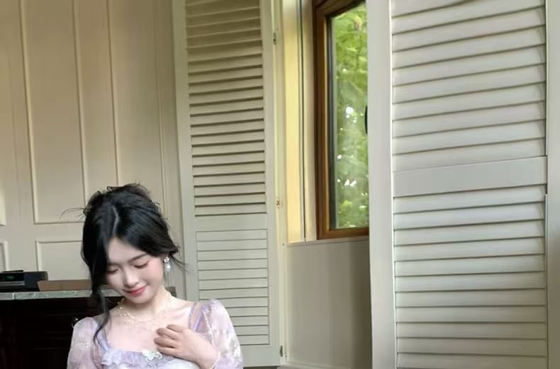 Trim A-Line Dress Accent Maxi Tie Long-Sleeve Ruffle Butterfly Shoulder Cold Dye