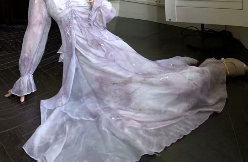 Trim A-Line Dress Accent Maxi Tie Long-Sleeve Ruffle Butterfly Shoulder Cold Dye