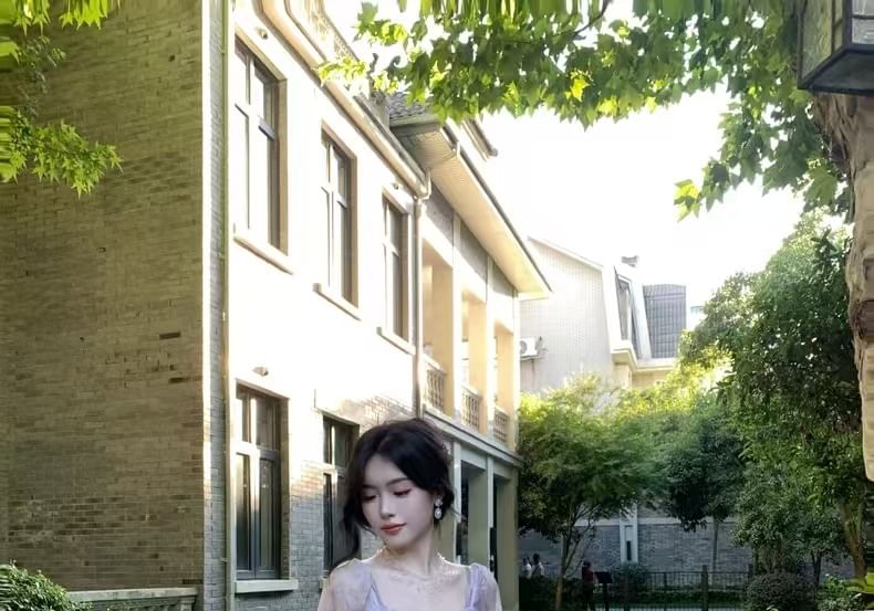 Trim A-Line Dress Accent Maxi Tie Long-Sleeve Ruffle Butterfly Shoulder Cold Dye