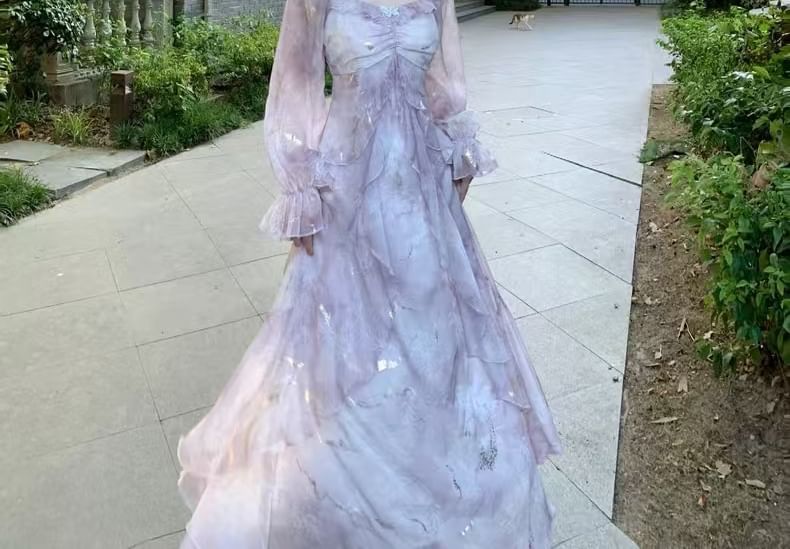 Trim A-Line Dress Accent Maxi Tie Long-Sleeve Ruffle Butterfly Shoulder Cold Dye