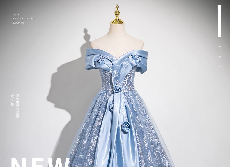 Embroidered Panel Gown Flower A-Line Off-Shoulder Mesh Ball