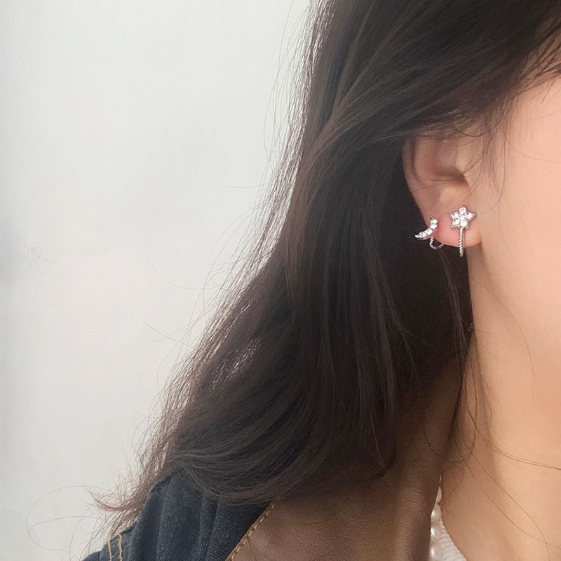 / Climber Star Crescent Earring Clip On Rhinestone