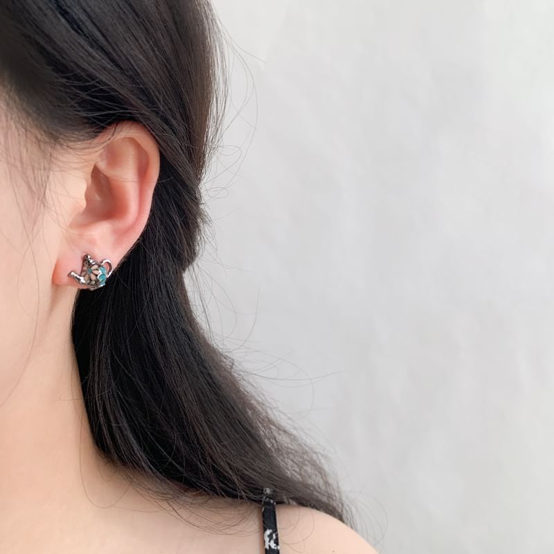Clip Earring On Stud Teapot Enamel Flower Asymmetrical /