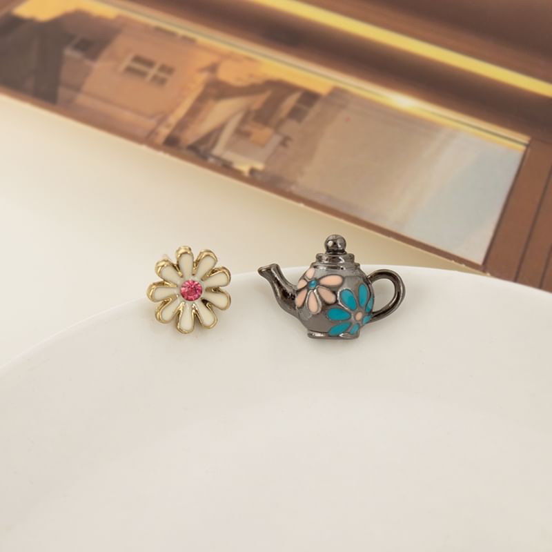 Clip Earring On Stud Teapot Enamel Flower Asymmetrical /