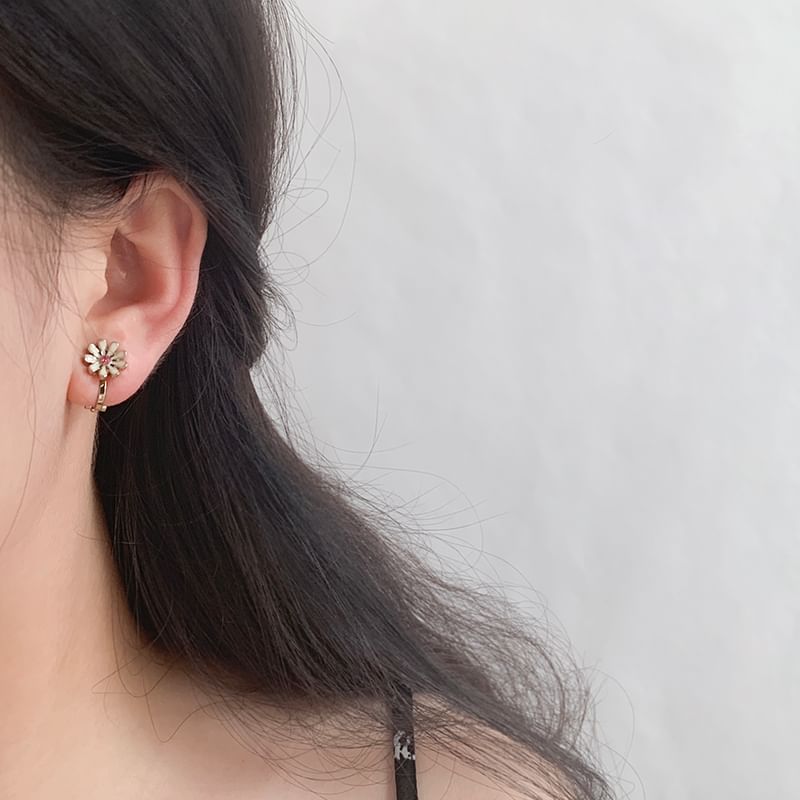 Clip Earring On Stud Teapot Enamel Flower Asymmetrical /