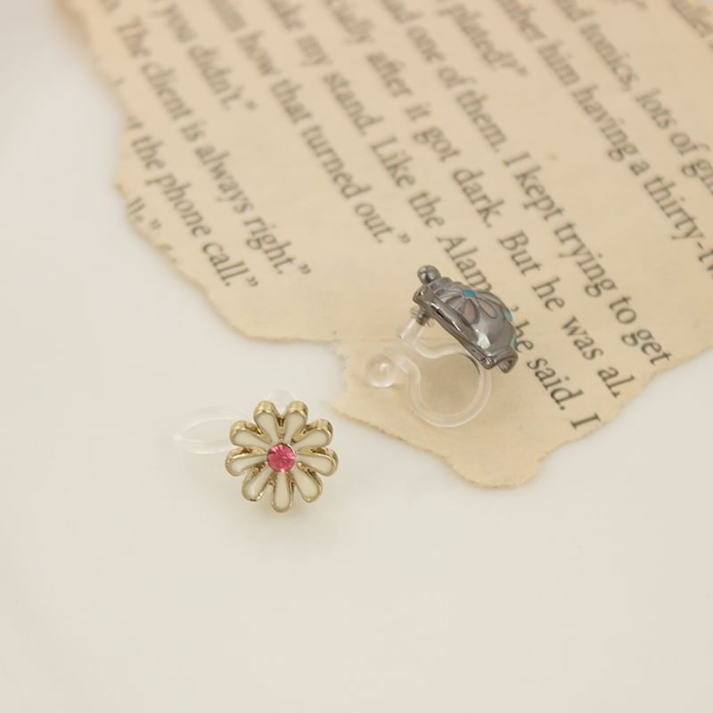 Clip Earring On Stud Teapot Enamel Flower Asymmetrical /