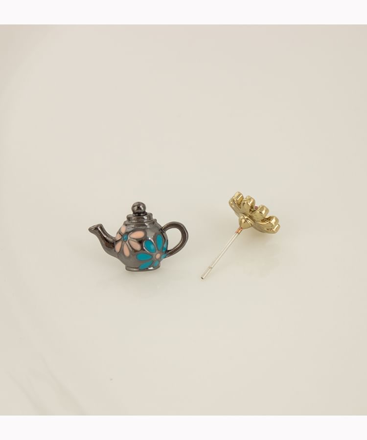 Clip Earring On Stud Teapot Enamel Flower Asymmetrical /