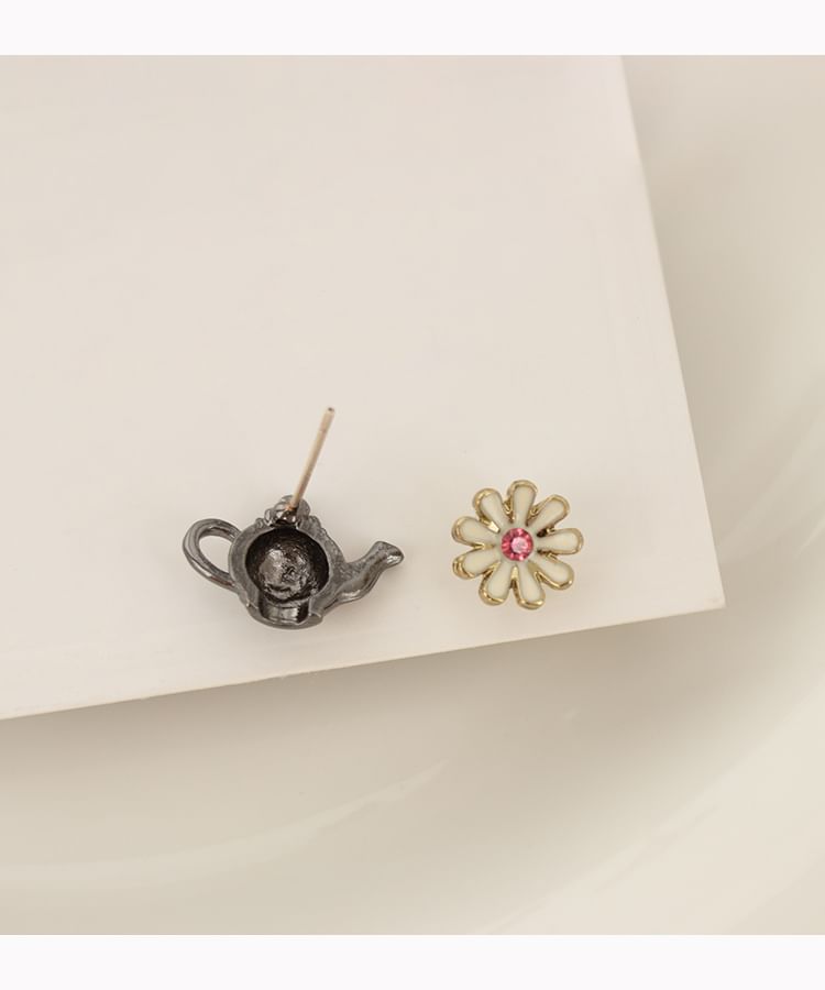 Clip Earring On Stud Teapot Enamel Flower Asymmetrical /