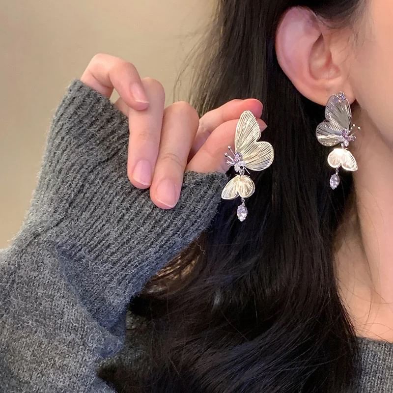 Rhinestone Drop Butterfly / Clip On Earring