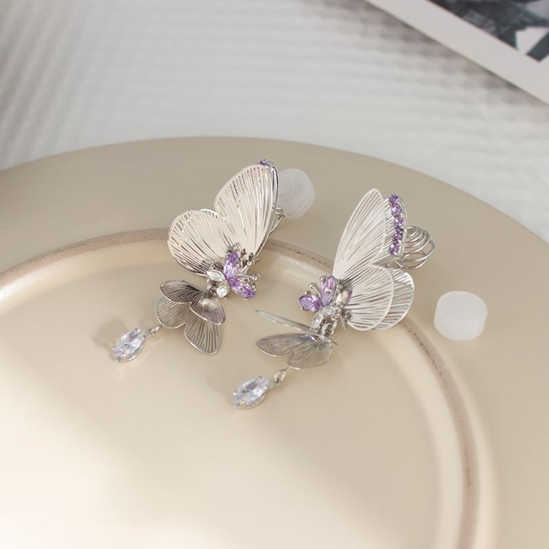 Rhinestone Drop Butterfly / Clip On Earring