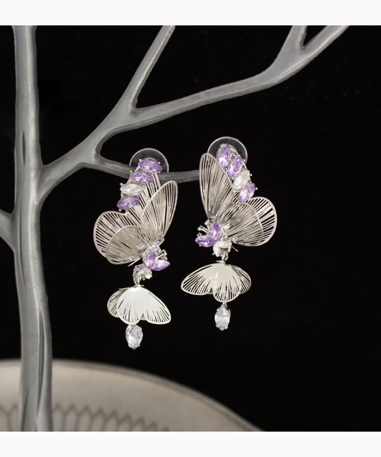 Rhinestone Drop Butterfly / Clip On Earring