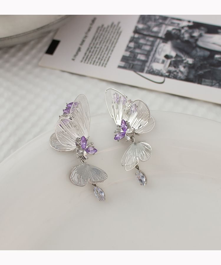 Rhinestone Drop Butterfly / Clip On Earring