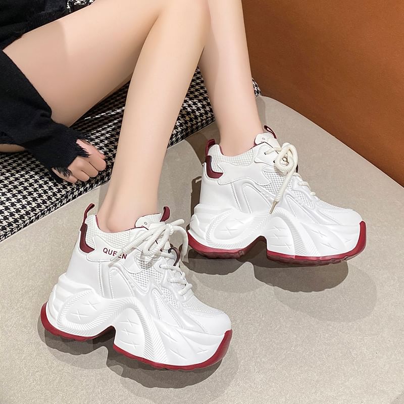 Leather Hidden Mesh Lace-Up Panel Sneakers Wedge Faux