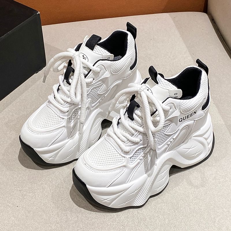 Leather Hidden Mesh Lace-Up Panel Sneakers Wedge Faux