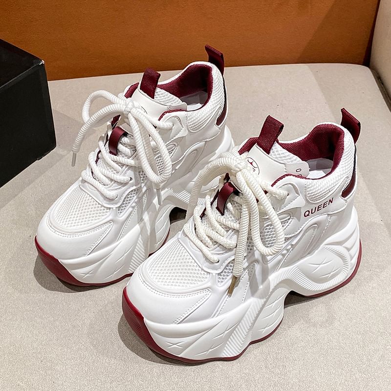 Leather Hidden Mesh Lace-Up Panel Sneakers Wedge Faux