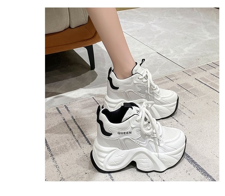 Leather Hidden Mesh Lace-Up Panel Sneakers Wedge Faux