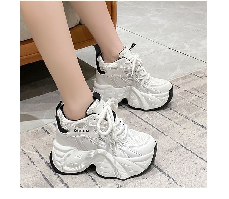 Leather Hidden Mesh Lace-Up Panel Sneakers Wedge Faux