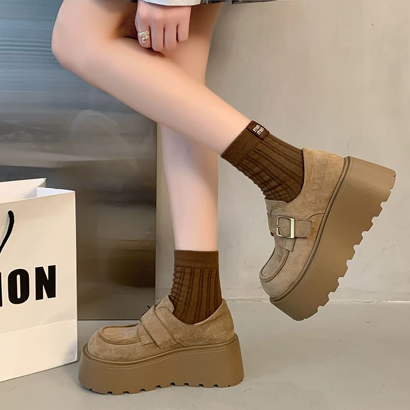 Plain Shoes Suede Buckled Faux Platform