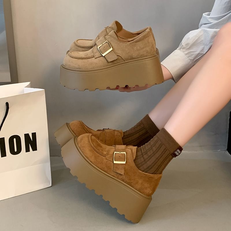 Plain Shoes Suede Buckled Faux Platform