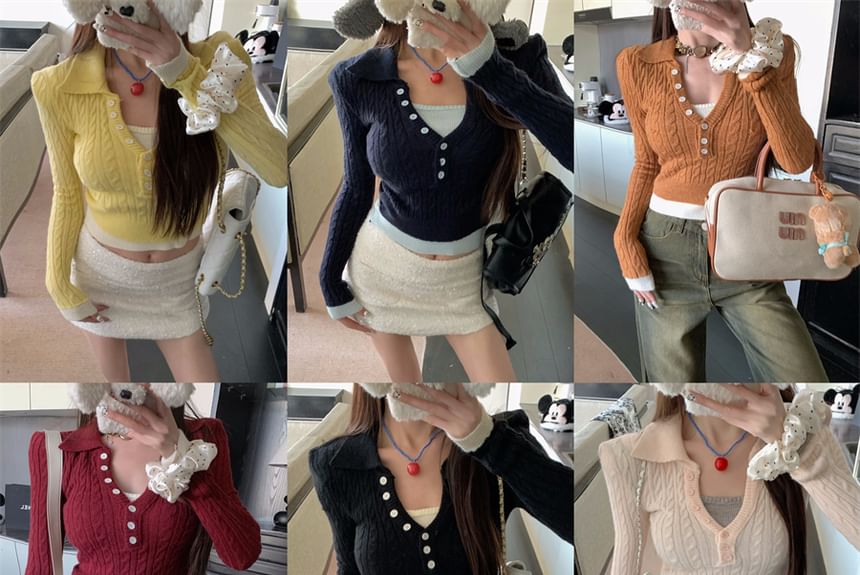 Two Collar Sweater Tone Mock Cable-Knit Cropped Two-Piece