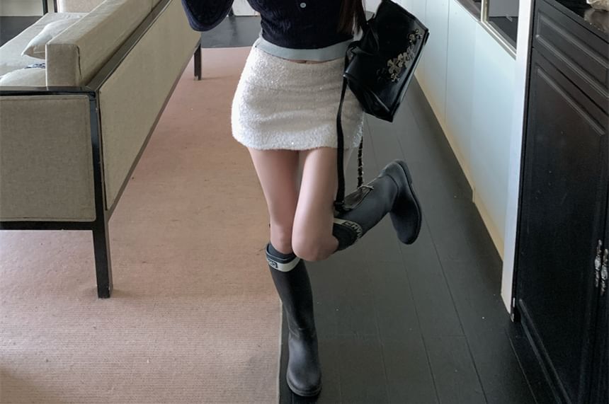 Two Collar Sweater Tone Mock Cable-Knit Cropped Two-Piece