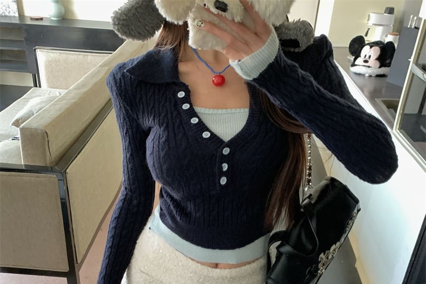Two Collar Sweater Tone Mock Cable-Knit Cropped Two-Piece