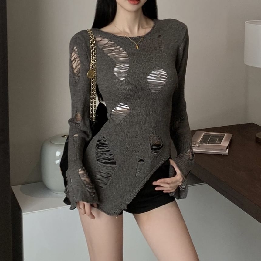 Distressed Long Neck Top Sleeve Crew Knit Plain
