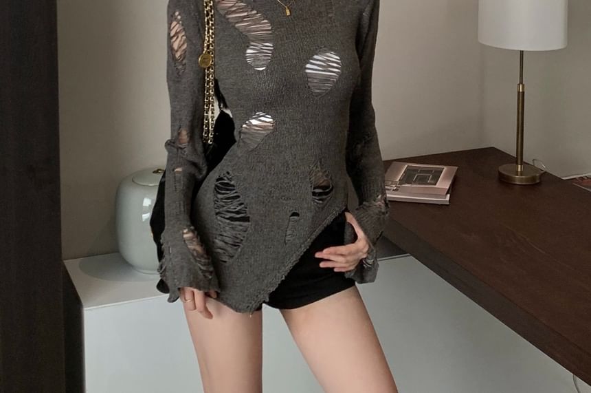 Distressed Long Neck Top Sleeve Crew Knit Plain