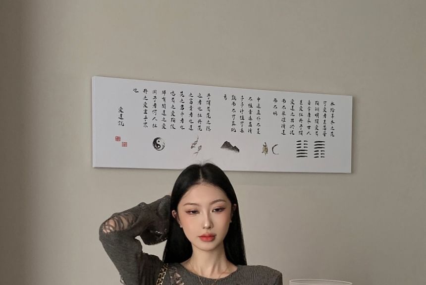 Distressed Long Neck Top Sleeve Crew Knit Plain