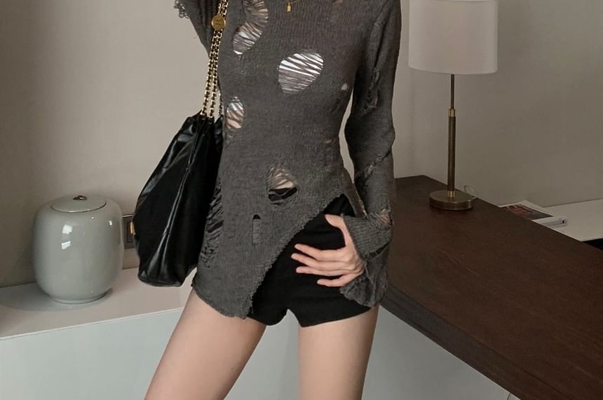 Distressed Long Neck Top Sleeve Crew Knit Plain