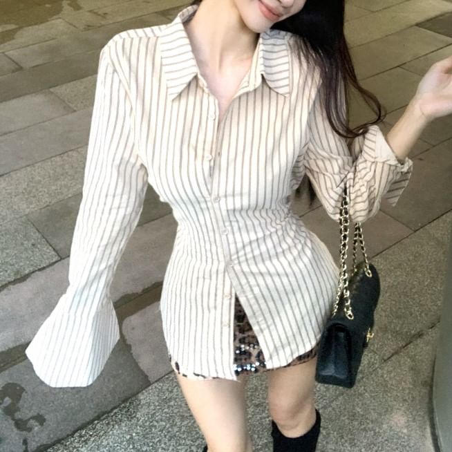 Up High Leopard Collared / Striped Skirt Long-Sleeve Waist Button Mini Pencil Shirt Print