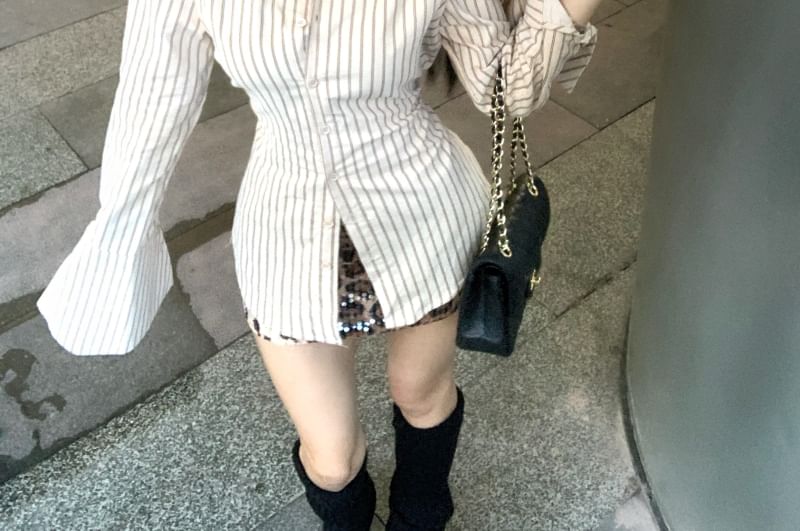 Up High Leopard Collared / Striped Skirt Long-Sleeve Waist Button Mini Pencil Shirt Print